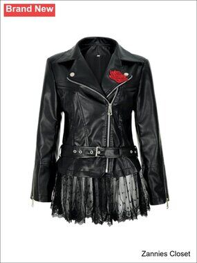 ✨ Faux Leather Lace Moto Jacket Peplum Rose Coat Long Sleeve Zip